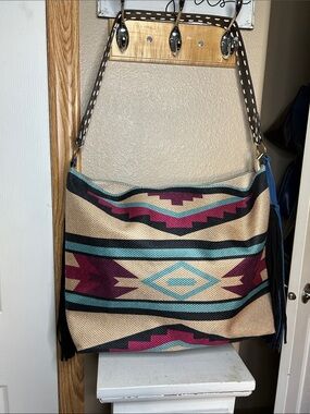 Boho Aztec-Pattern Shoulder Bag in Beige, Teal & Burgundy